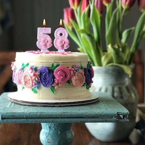 58th 85th Birthday Candles with Pink Glitter Bow - Elegant Cake Topper