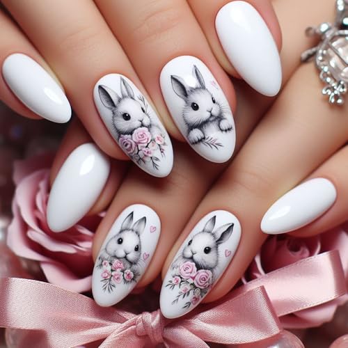 Easter Bunny Press on Nails Medium Almond Glossy White Fake Nails