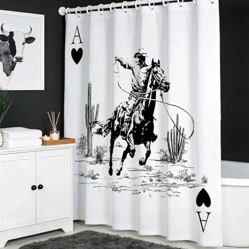 Mocsicka Black and White Western Cowboy Shower Curtain - 72x72 Waterproof Polyester Curtain for Farmhouse Decor