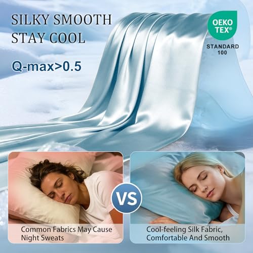 Bcareself Cooling Pillowcase Set, Standard 20x26, Hazy Blue, Breathable Silk
