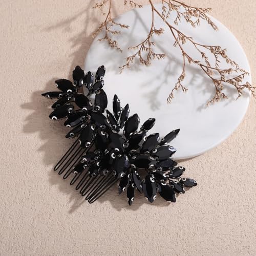 Denifery Crystal Leaf Bridal Hair Comb Black Rhinestone Headpiece