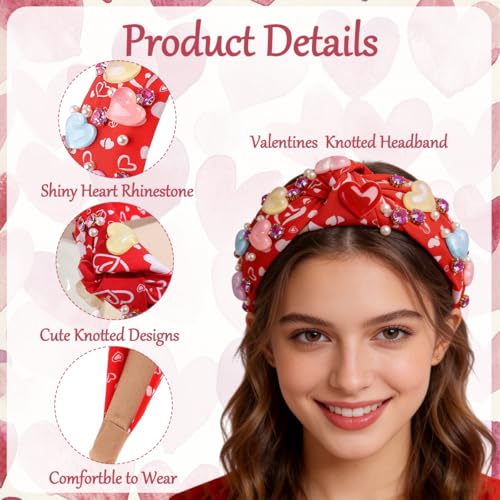 Valentines Knotted Headband for Women Pearl Rhinestone Red Hair Band