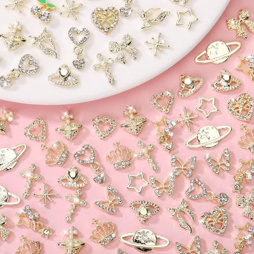 COOSLIM 45PCS Gold Y2k Nail Charms 3D Rhinestone Bow Butterfly Gems