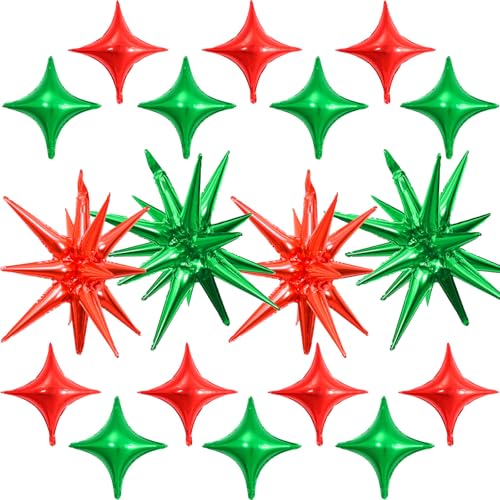 Red Green Star Balloons Set - 22 Inch Foil Star & 10 Inch Four-Pointed Balloons for Party Decorations