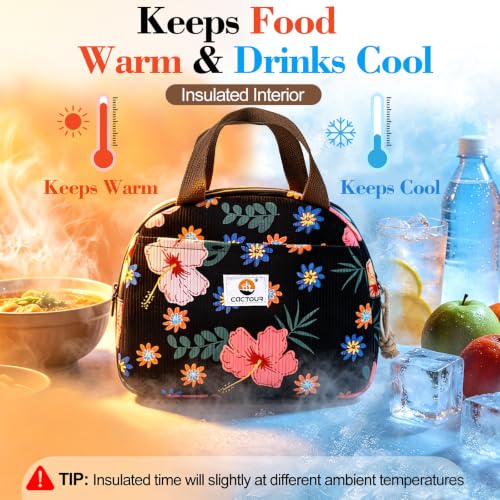 CaCTOUR Insulated Corduroy Lunch Bag - Small Flower Print Tote for Women