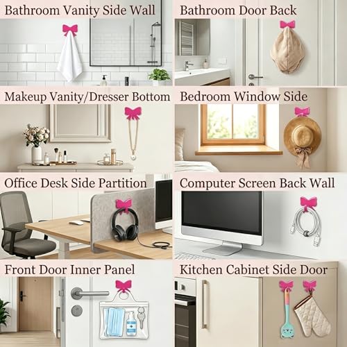 8 Pcs Pink Bow Knot Adhesive Wall Hooks - Cute Kawaii Decor for Hanging