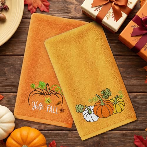 Hexagram Embroidered Fall Hand Towels - Pumpkin Autumn Decor, 14" x 30"