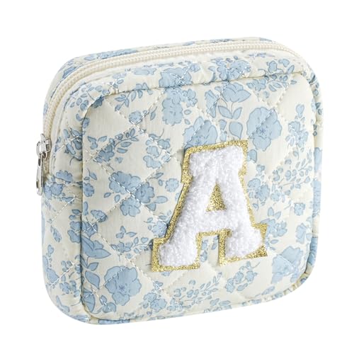 JOVAKIT Quilted Alphabet Makeup Bag Floral Cotton Toiletry Pouch
