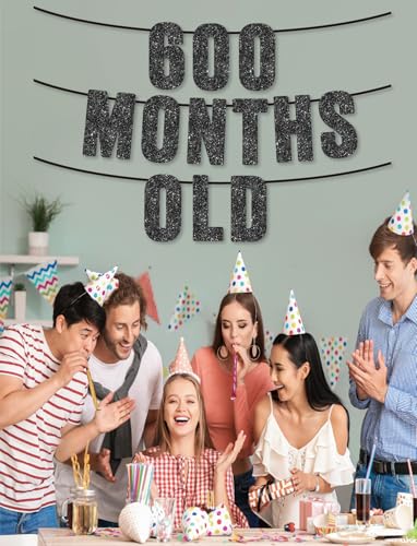 50th Birthday Party Black Glitter Banner - 600 Months Old