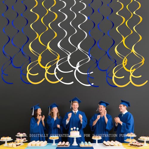 36 Pcs Felt Hanging Swirl Decorations - Royal Blue, Yellow & White Streamers