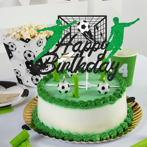 Hooqict Soccer Happy Birthday Cake Topper Glitter Decorations - Kids, Men, Boys Party Supplies