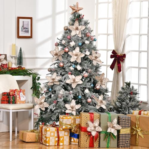Champagne Poinsettia Christmas Flower Picks Set - Glitter Silk Decorations
