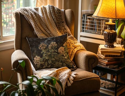 Moody Dark Hydrangea Botanical Throw Pillow Cover 18x18, Rustic Floral