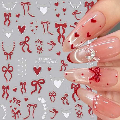 4 Sheets 3D Bow and Heart Nail Art Stickers, Self-Adhesive Y2K Nail Decals
