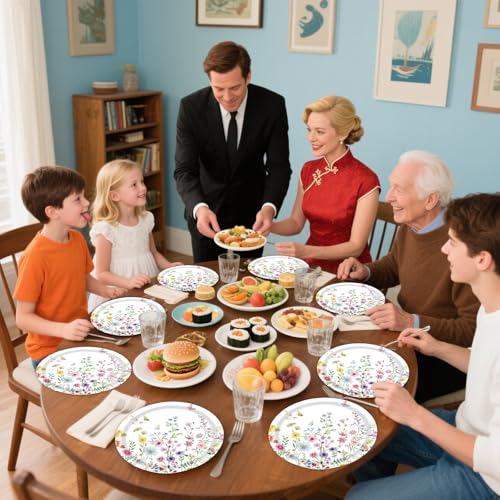 Wildflower Disposable Dessert Plates Set - 50pcs 7 Inch Floral Plates for Parties