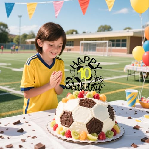 Black Soccer Happy 10th Birthday Cake Topper - Glitter Decor