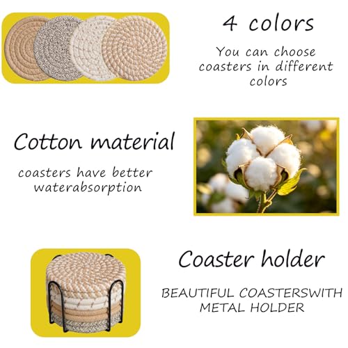 CHIYOSING Set of 8 Cotton Woven Coasters with Holder, Absorbent & Durable