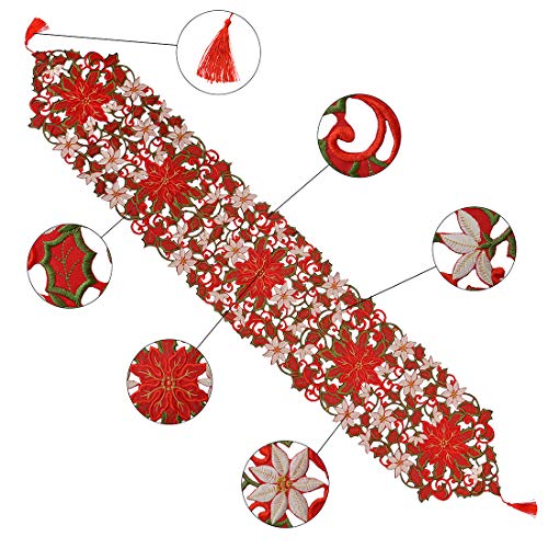 Simhomsen Christmas Poinsettia Embroidered Table Runner 13x72 Inch - Holiday Decor