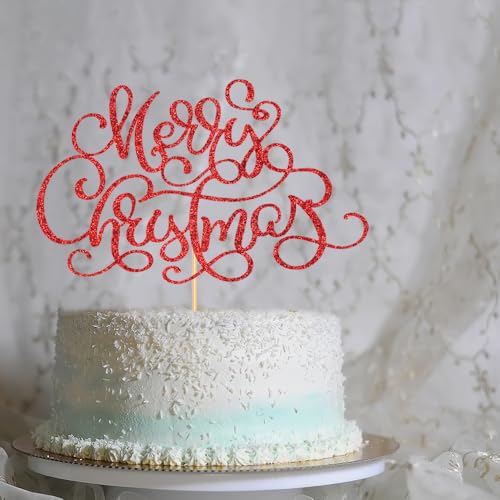 Merry Christmas Cake Topper Red Glitter Holiday Party Decoration