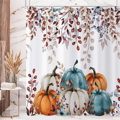 Fall Shower Curtain with Watercolor Pumpkins & Leaves - 72" x 72"