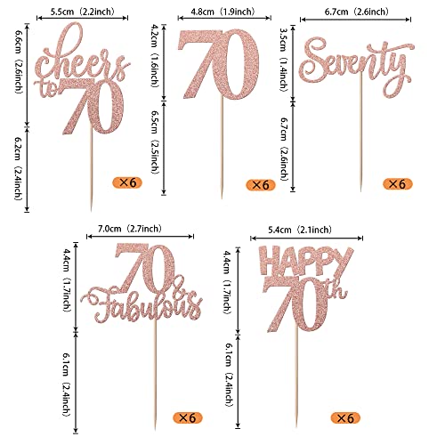 70th Birthday Rose Gold Glitter Cupcake Toppers 30 Pack