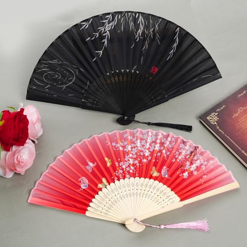 Jmkcoz 2-Pack Handheld Folding Fans - Silk Bamboo Floral with Tassel (Black & Red)