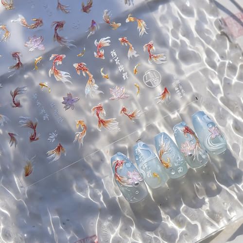 5D Embossed Goldfish Nail Stickers Self-Adhesive Koi Fish Chinese Style Manicure Decals