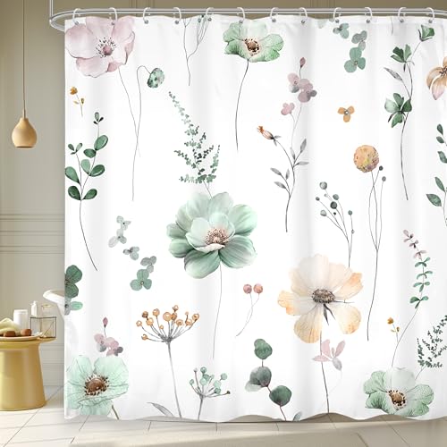 Watercolor Floral Shower Curtain - Sage Green & Beige, 72"W x 72"L