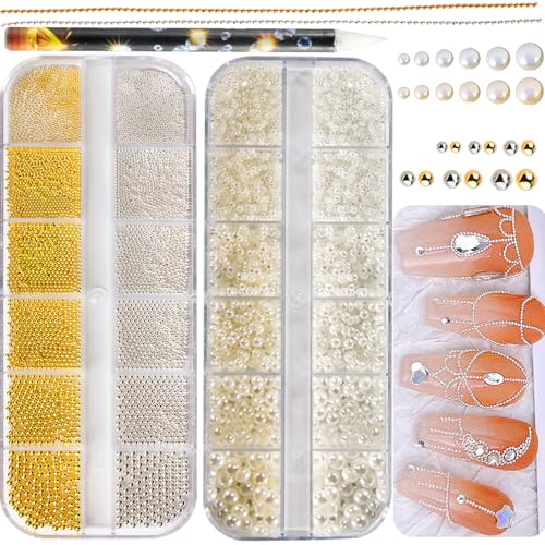 Gold & Silver Nail Caviar Beads and Flatback Pearls Set with Tools