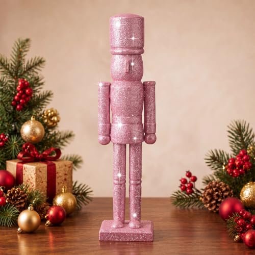 Pink Christmas Nutcracker Figurine - 15 Inch Glitter Soldier Decor
