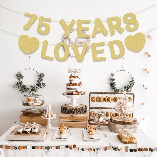 75th Birthday Banner - Pre-Strung Gold Glitter Party Decor