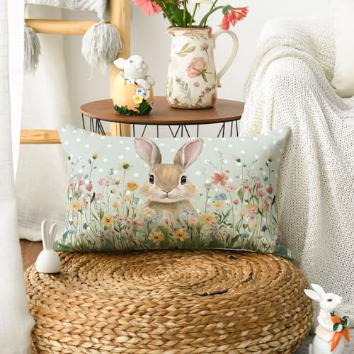Easter Bunny Wildflowers Throw Pillow Cover 12x20 Inch