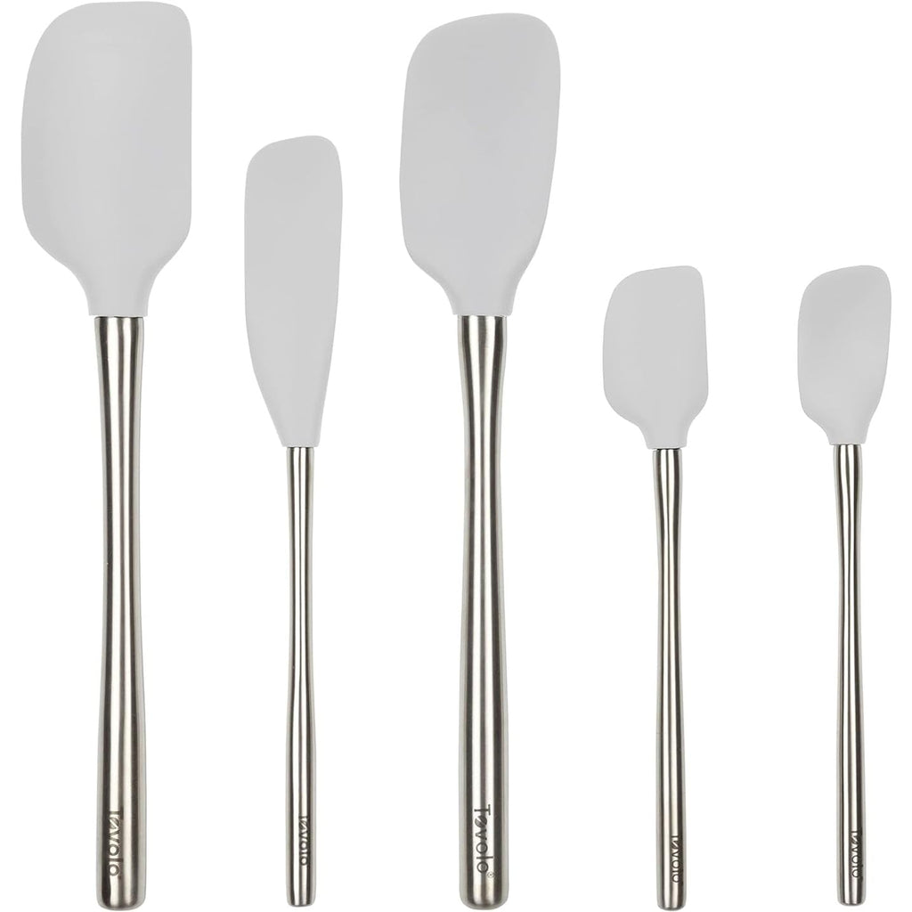 Tovolo Stainless Steel Handled Silicone Spatula Set of 5 Oyster Gray, Dishwasher Safe Kitchen Spatula Set for Cooking Baking, Non Toxic BPA Free Silicone Spatula set with Metal Steel Handle