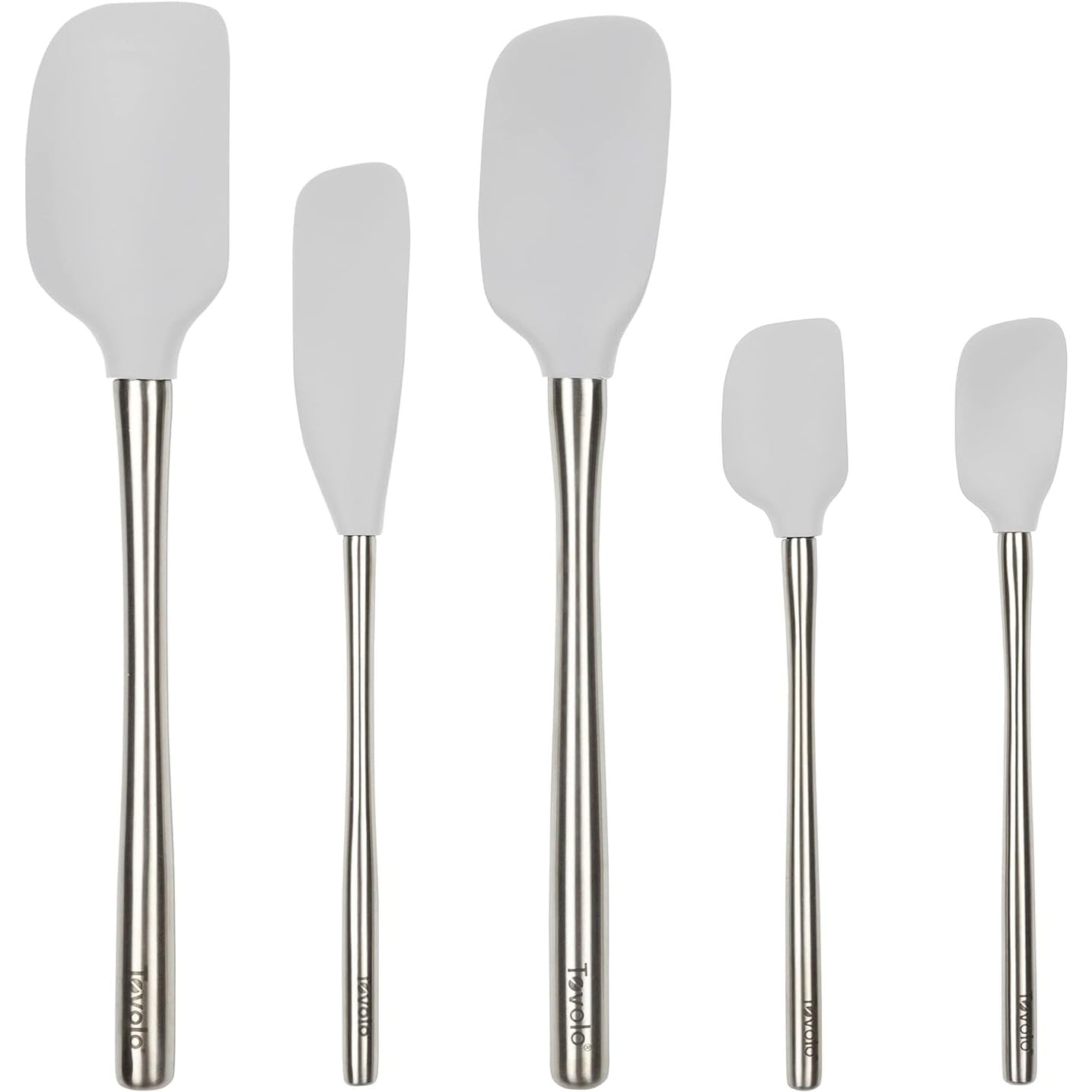 Tovolo Stainless Steel Handled Silicone Spatula Set of 5 Oyster Gray, Dishwasher Safe Kitchen Spatula Set for Cooking Baking, Non Toxic BPA Free Silicone Spatula set with Metal Steel Handle