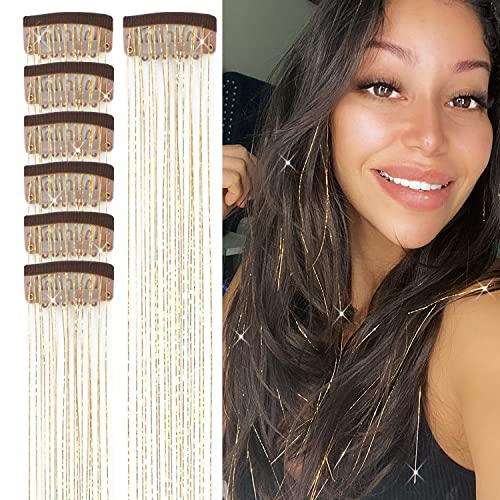 Clip-In Hair Tinsel 23.6-Inch Heat Resistant Gold Glitter Extensions