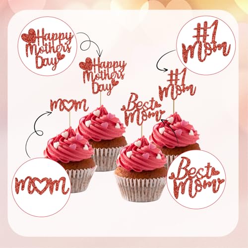 12pcs Mother's Day Cupcake Toppers - Glitter Red Decorations