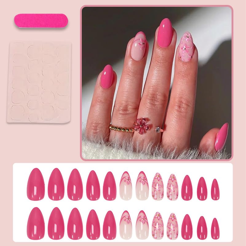 Press On Nails Medium Almond Hot Pink Floral Glossy Fake Acrylic Nails Kit