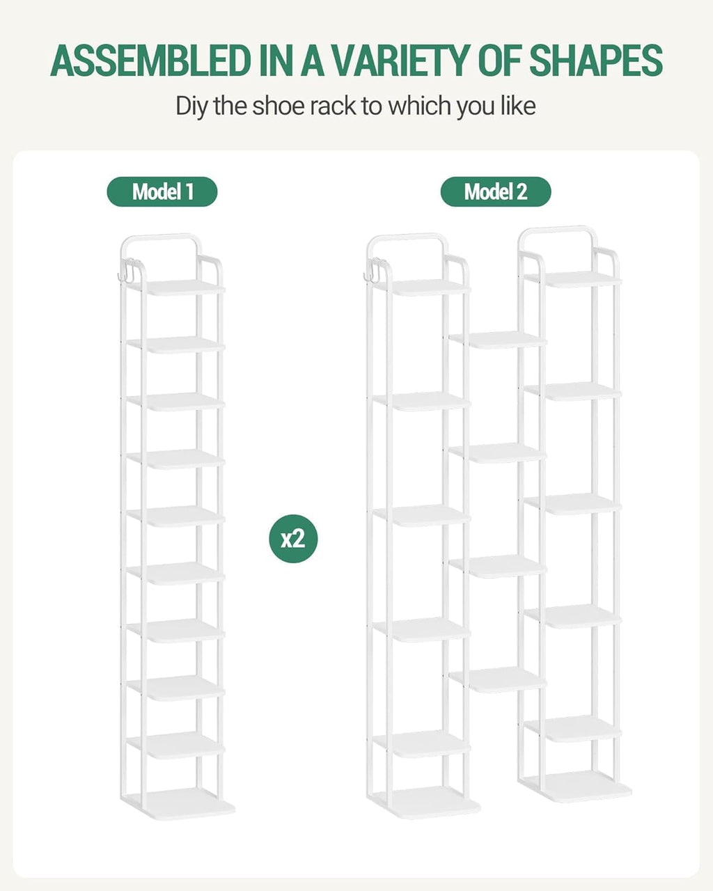 Hzuaneri 10 Tiers Vertical Shoe Rack, Narrow Shoe Tower, Tall Shoes Shelf with 2 Hooks, Adjustable Shelves, Corner Shoes Shelves for Small Spaces, Entryway, Living Room, White SR11213W