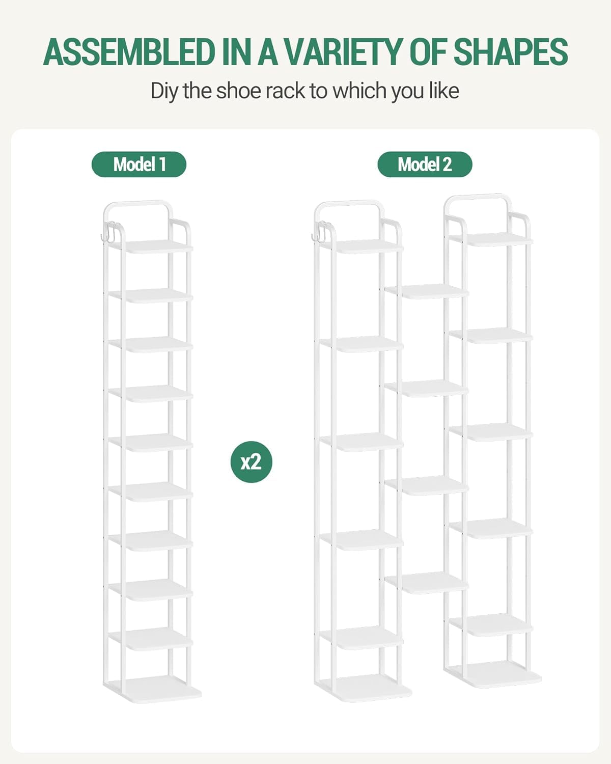 Hzuaneri 10 Tiers Vertical Shoe Rack, Narrow Shoe Tower, Tall Shoes Shelf with 2 Hooks, Adjustable Shelves, Corner Shoes Shelves for Small Spaces, Entryway, Living Room, White SR11213W