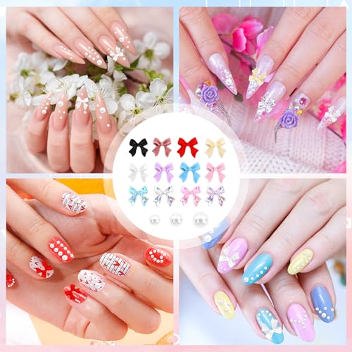 NACHLYNN 630 Pcs 3D Bow Nail Charms and Pearl Beads Kit with Tools