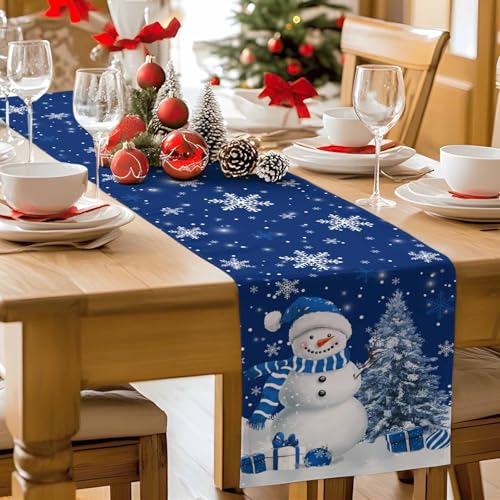 Navy Blue Christmas Table Runner 13x72 Inches - Snowflake Tree Decor, Farmhouse Linen Blend