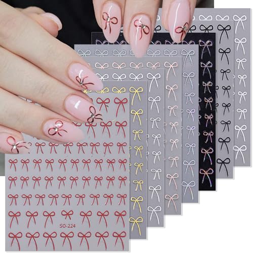 Valentine's Laser Bow Nail Art Stickers - 8 Sheets 3D Self-Adhesive Decals