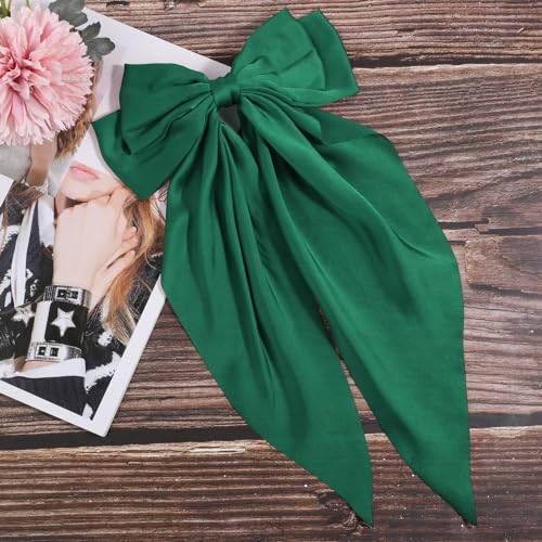 WLLHYF Satin Silky Long Tail Hair Bow Barrette Metal Hair Clip Green