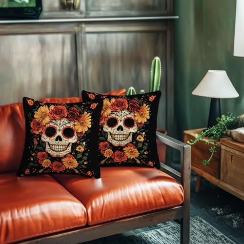 Sugar Skull Decorative Pillow Covers Set of 2 | 18x18 Inch Floral Art for Halloween & Day of the Dead