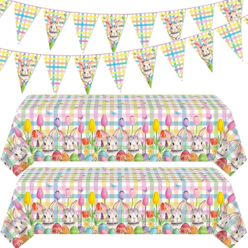 Dvaorc 4-Pack Easter Tablecloth and Bunny Banners Spring Party Decor