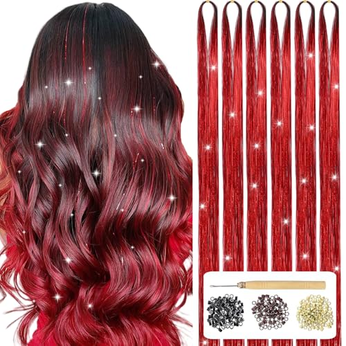 Red Hair Tinsel Kit with Tools & 1200 Strands Heat Resistant Fairy Glitter Extensions