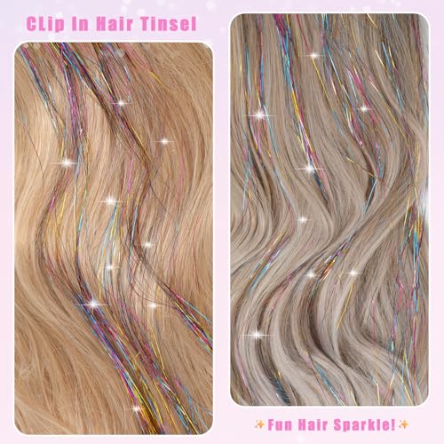 Nielp 18 Pcs Clip-In Hair Tinsel Extensions 20.5 Inch Rainbow Glitter Fairy Hair
