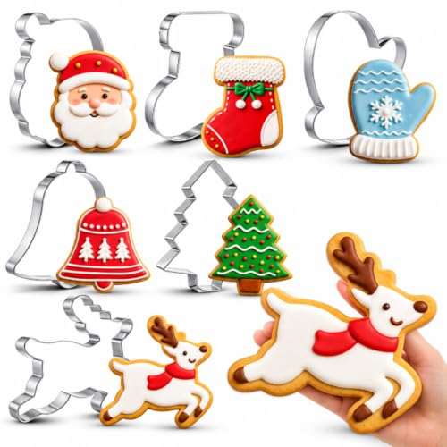 Christmas Cookie Cutters Set - Extra Large 8 Inch Classic Holiday Shapes - Santa, Stocking, Mitten, Bell, Tree, Reindeer - 6 Piece
