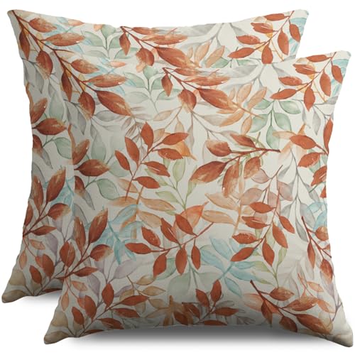 Burnt Orange Fall Pillow Covers 18x18 - Set of 2 Autumn Leaves
