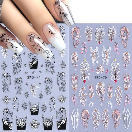 3D Embossed Floral Vine Nail Art Stickers - Retro Black White Pink Nail Decals